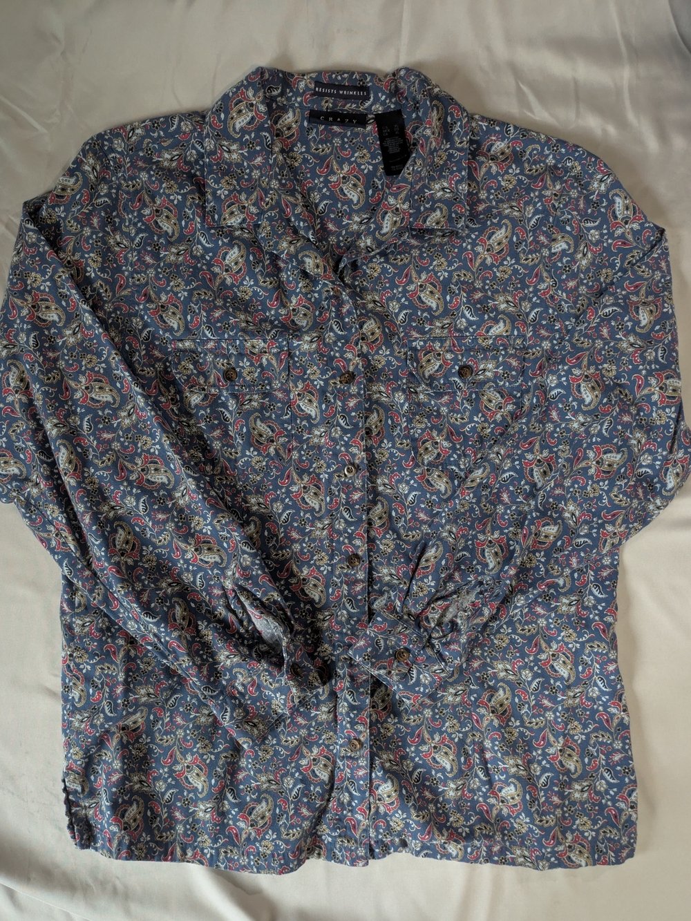 Crazy Horse Vintage Womens XL Paisley Button Down Shirt Blue Rayon Blend